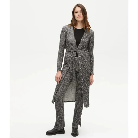 Michael Stars Duster Cardigan Midi Wrap Dress 2X Button Front Ribbed Black Gray - Picture 2 of 8